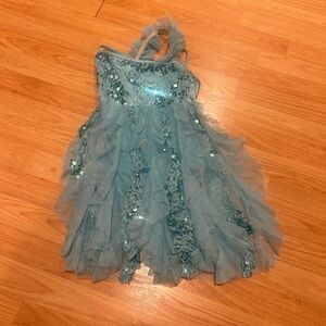 large child teal dance costume with sequins and ruffles